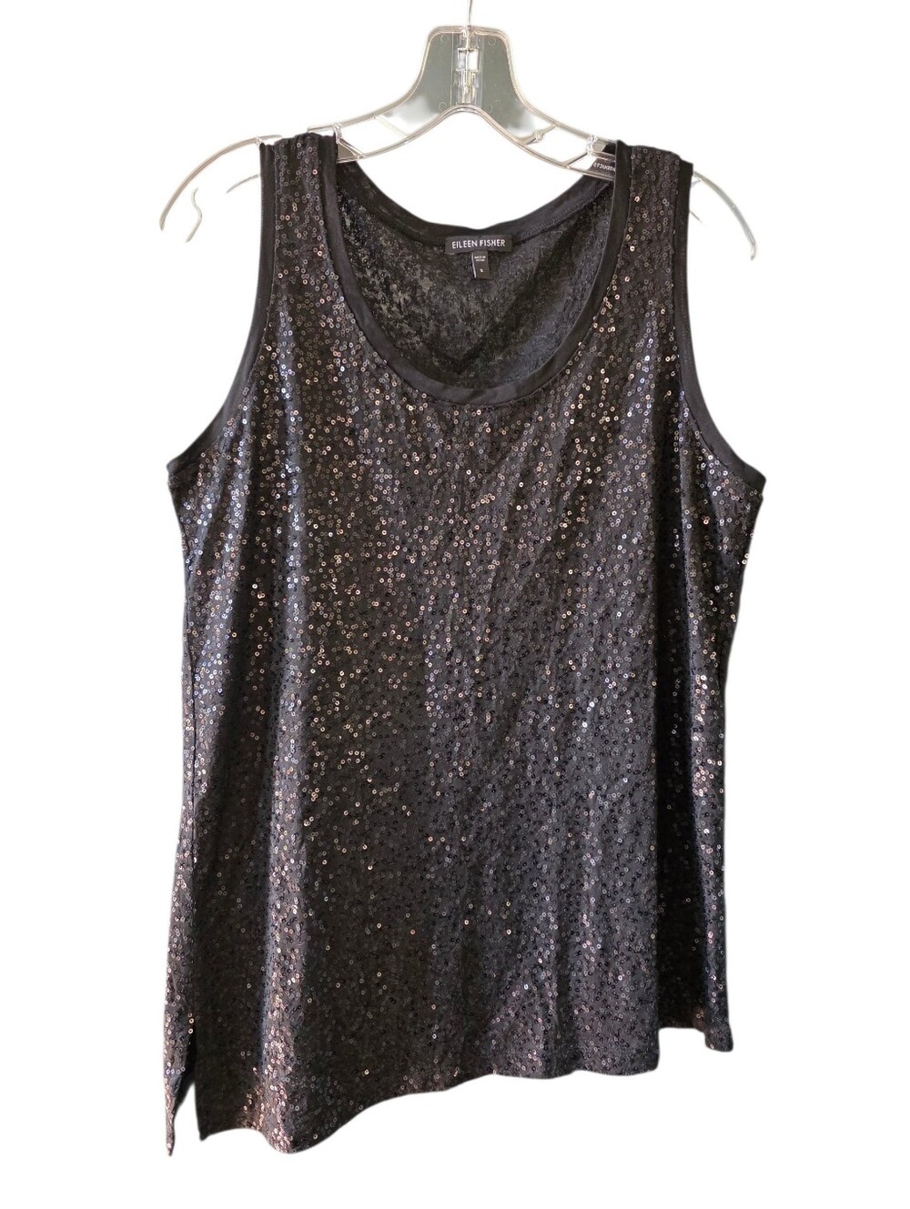 Eileen Fisher Asymmetrical Black Sequin Scoop Neck Tank Size Small
